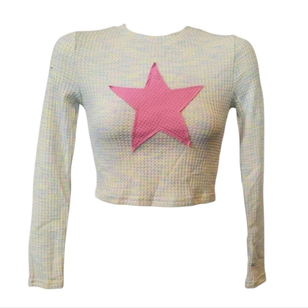 SHEIN Pink Star Waffle Knit‎ Long Sleeve Top Size Small